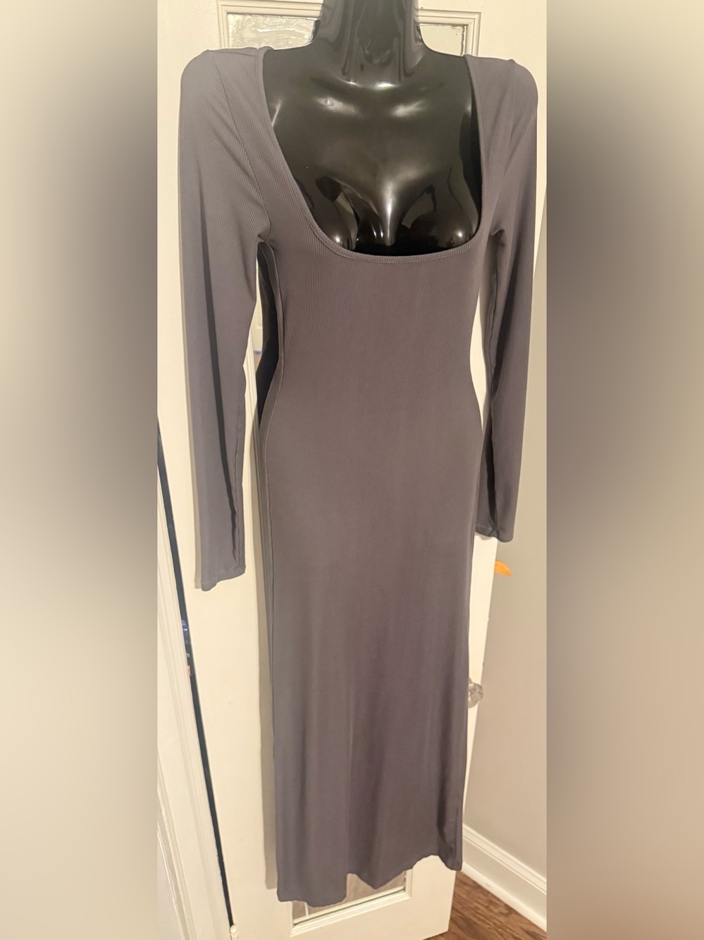 SKIMS Soft Lounge Long Sleeve Scoop Neck Ribbed Maxi Dress Charcoal Gray S